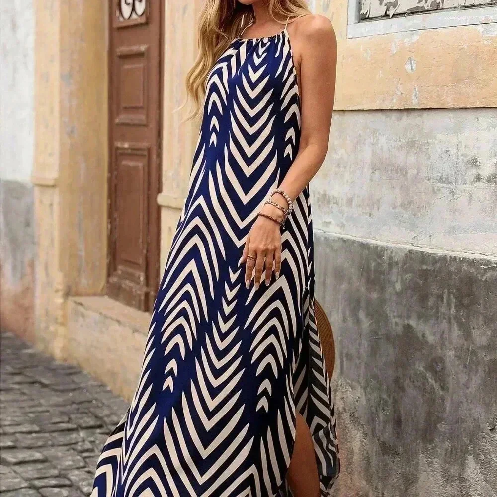 Multicolor Sexy Women's Halter Fringe Tie Backless High Split Print Dress - Picture 3 of 6